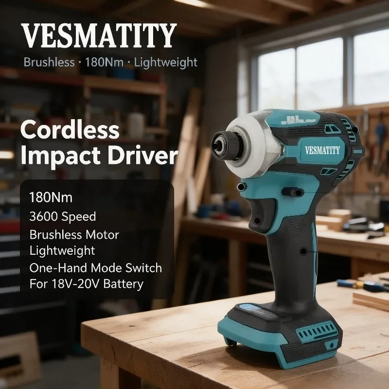 Cordless Impact Driver Brushless Motor 180Nm 3600 Speed Lightweight One-Hand Mode Switch for 18V-20V Battery for DIY Repair