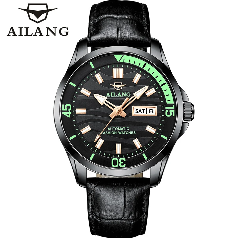 

AILANG Роскошные деловые мужские наручные часы, водонепроницаемые светящиеся кожаные мужские часы, спортивные повседневные мужские механические часы с датой недели