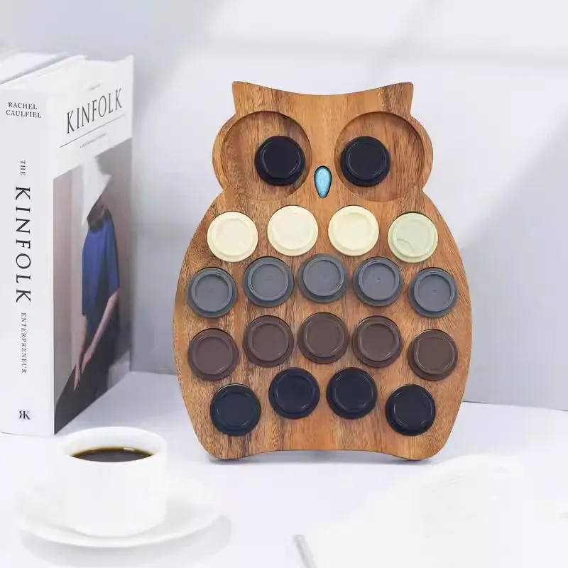 Solid Wood Coffee Capsule Storage Rack Creative Owl Shape Round Hole Display Stand for Coffee Capsule Desktop Organizer