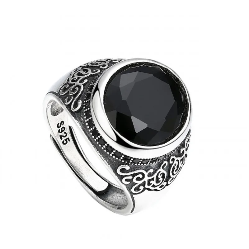 

BOCAI Vintage Trendy Personalized Gifts Wholesale Tang Grass Patterned Black Agate Men's and Women's Rings S925 Silver Jewelry