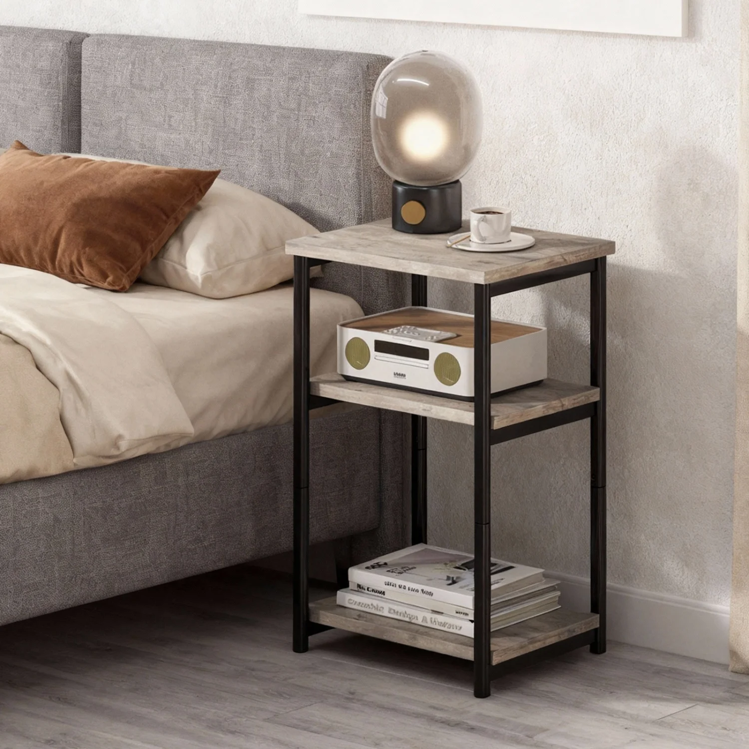 

Industrial Side Table for Living Room,3-Tier End Table with Storage,Nightstand,Small Bedside Table with Metal Frame,for Bedroom