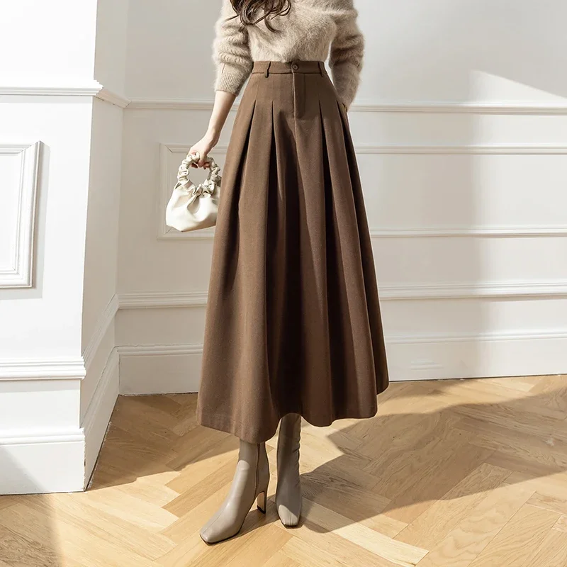 Winter Woolen Long Skirts For Women Streetwear High Waist Pleated Maxi Skirt Big Swing Folds A-Line Jupe Longues Femme