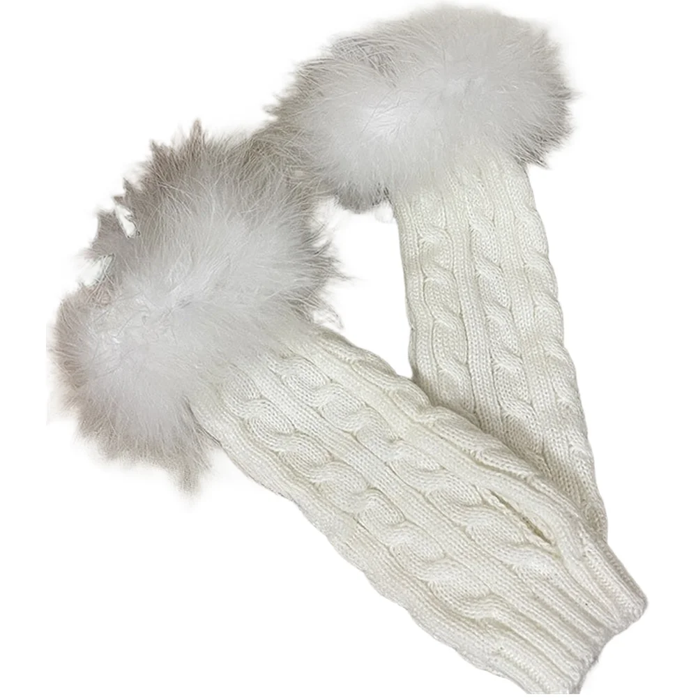 Knit Fingerless Gloves with Feather Trim Arm Warmers for Women Blend Winter Sweet Style White Black Pink Blue Red