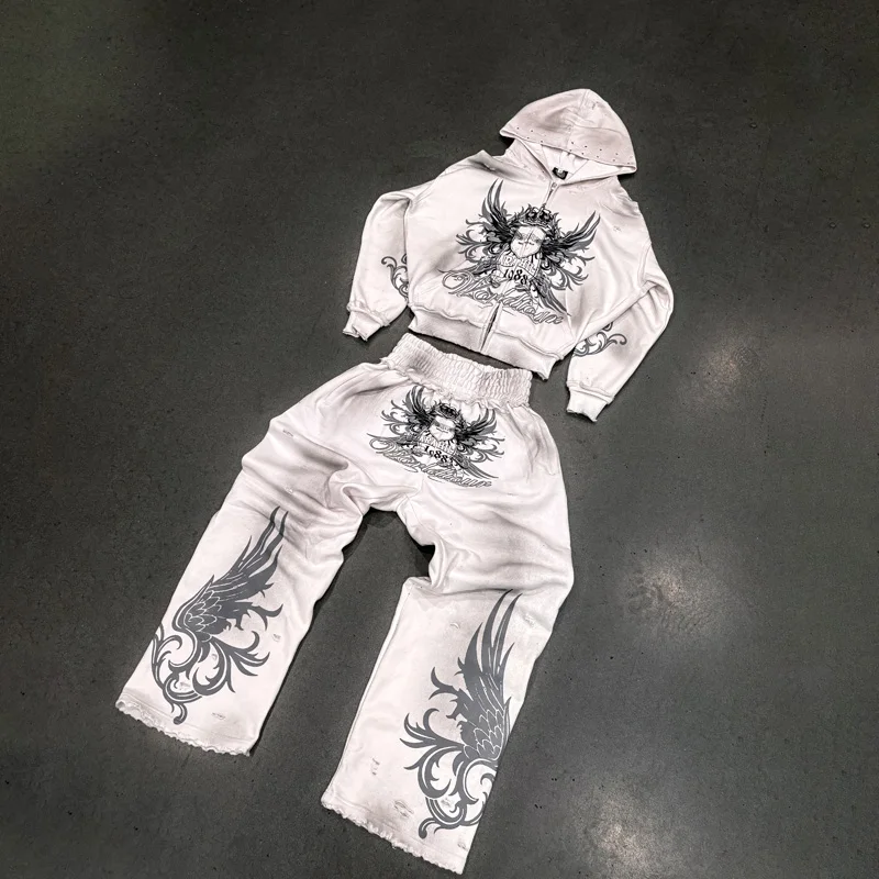 

Y2K Men Worldtour Sweatsuit Fashionable Willow Nail Printed Pattern Casual Hoodie Gothic Harajuku Hip Hop Streetwear Hole Pants