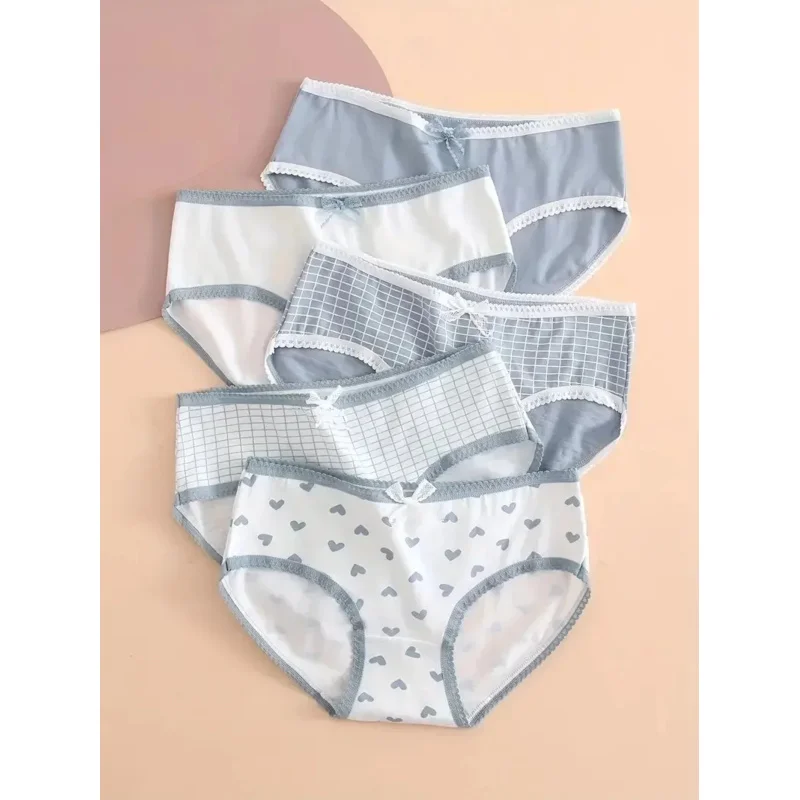 

5pcs Cute Bow Print Women's Panties High Waist Breathable Underwear Comfy Plus Size Ladies Lingerie#1050150