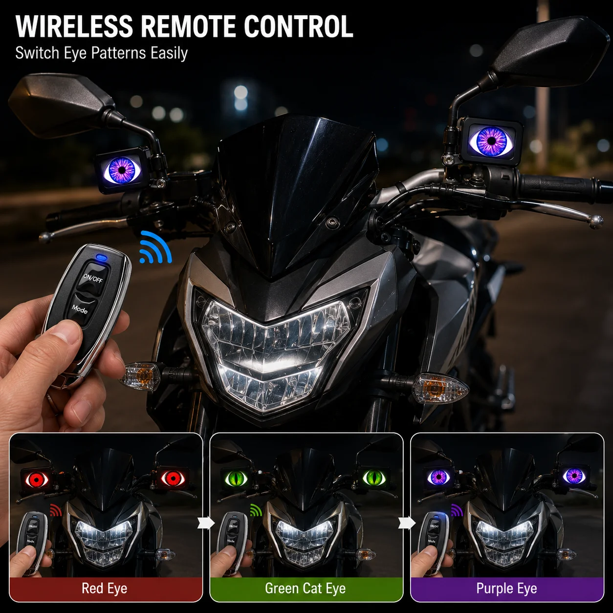 2PCS Dynamic Motorcycle LED Demon Eyes Rearview Mirror Motorbike LED Devil Eyes Wireless Remote 6 Modes Decorative Lamp 12-36V