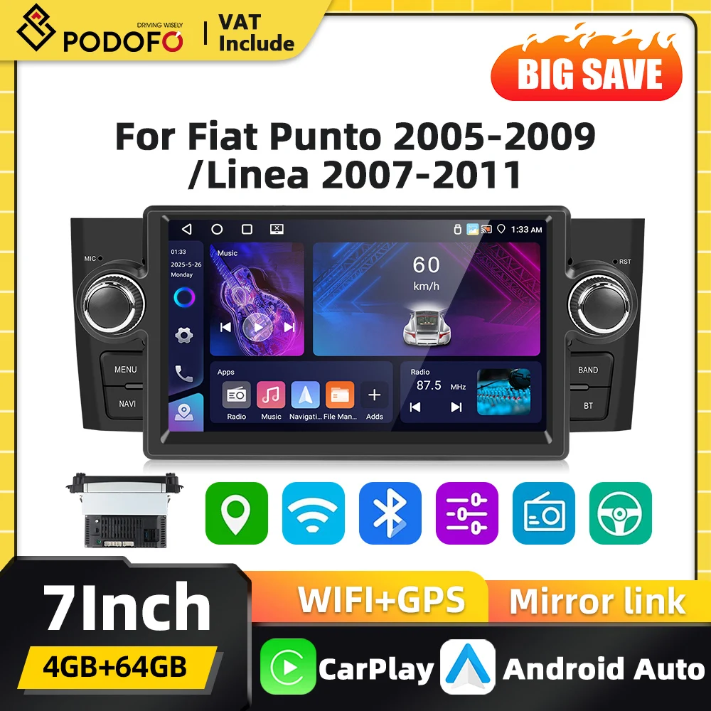 Podofo 9-Zoll Carplay 2Din Autoradio für Fiat Punto 2005-2009 Linea 2007-2011 Android Auto Multimedia-Player GPS-Navigation WiFi FM/RDS DSP