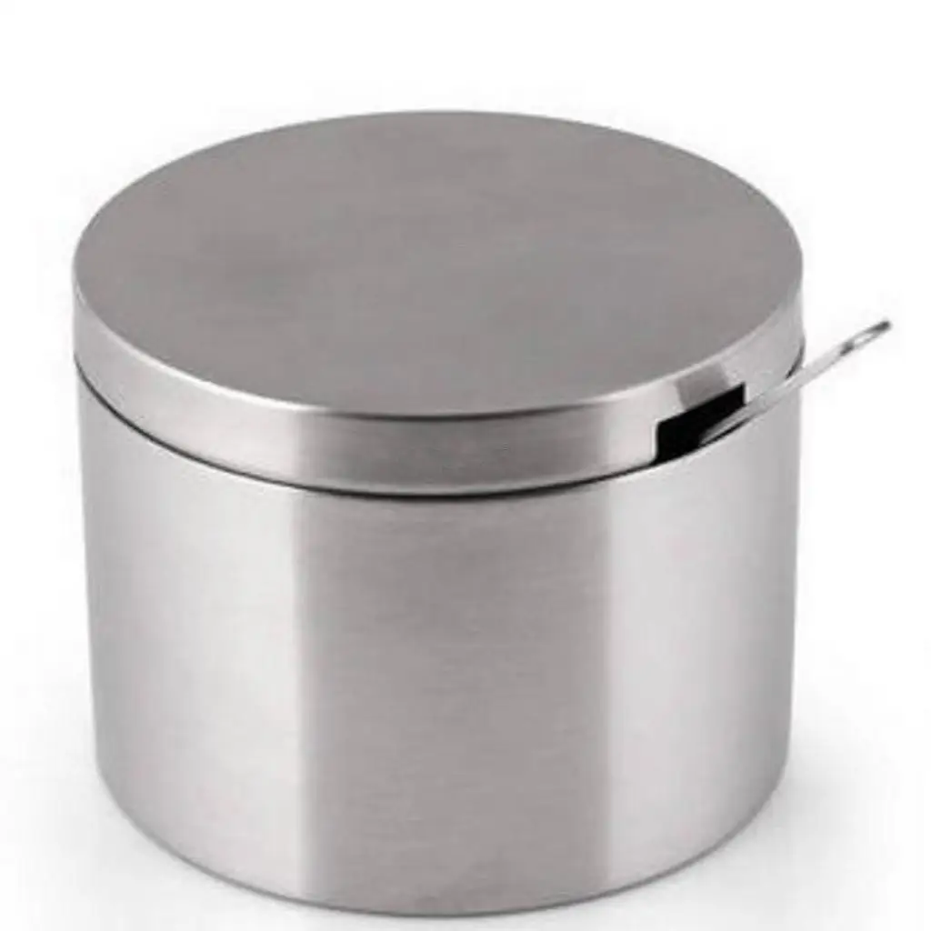 Stainless Steel Seasoning Condiment Pot Sugar Coffee Can Container Drum Shaped with Spoon