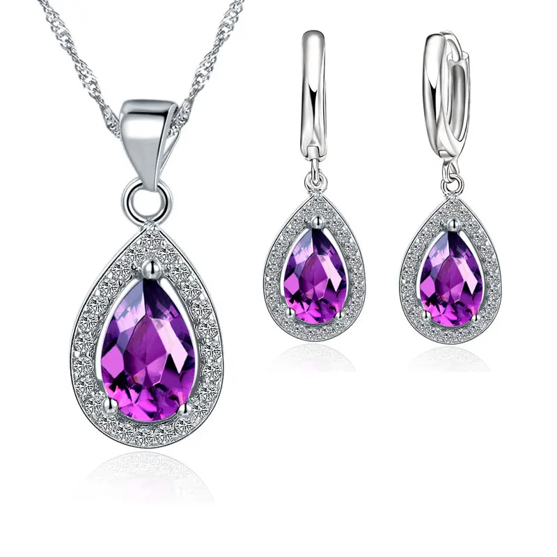 Klasyczne damskie kryształy krople naszyjniki wiszące wiszące zestaw kolczyków na ślub 925 Sterling Silver zestawy biżuterii ślubnej