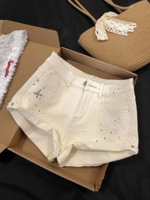 

Американские джинсовые брюки со стразами и манжетами, женская зимняя верхняя одежда, широкие шорты трапециевидной формы с высокой талией