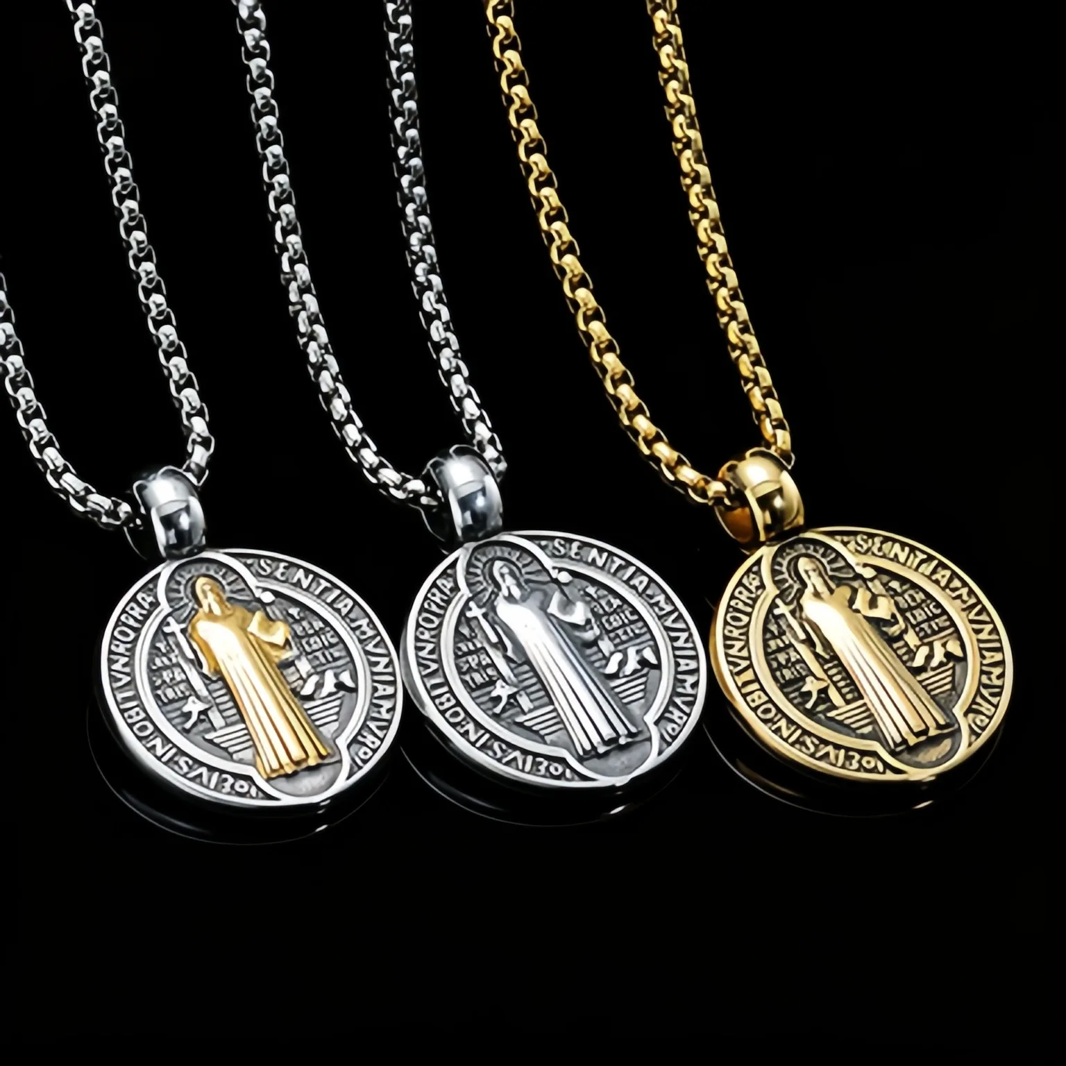 Edelstahl-Halskette mit Medaille des Heiligen Benedikt, San Benito-Medaille, Halskette für Männer und Frauen, spiritueller Anhänger mit der Jungfrau Maria für Männer – Detail 3