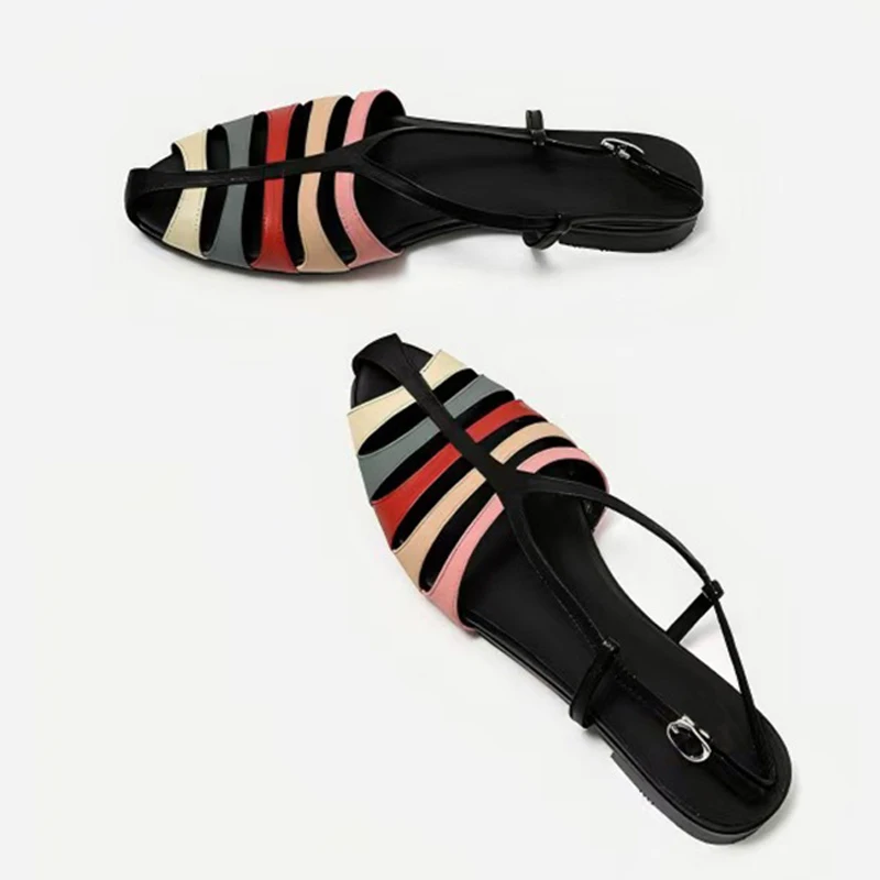 Liyke Gladiator-Sandalen im römischen Stil für Damen, gemischte Farben, schmaler Riemen, runde Zehenpartie, flacher Absatz, Pantoletten, lässige Strandsandalen für Damen