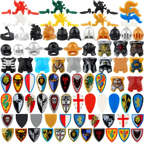 Bloques de construcción medievales, figura MOC, dragón verde, León Azul, escudo cruzado, chaleco, armadura, casco, accesorios de juguete, regalo de ladrillo para niño K049