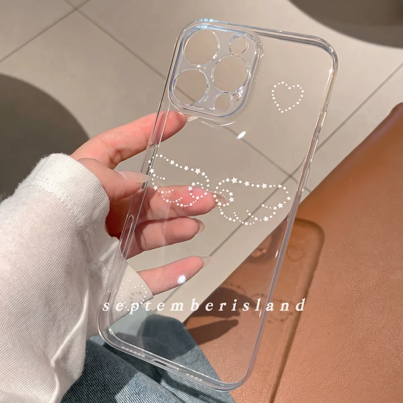 크리에이티브 INS 한국 스타 걸 핑크 러브 엔젤 윙즈 폰 케이스 (아이폰 16 15 14 13 12 11 Pro Max Plus 투명 후면 커버)