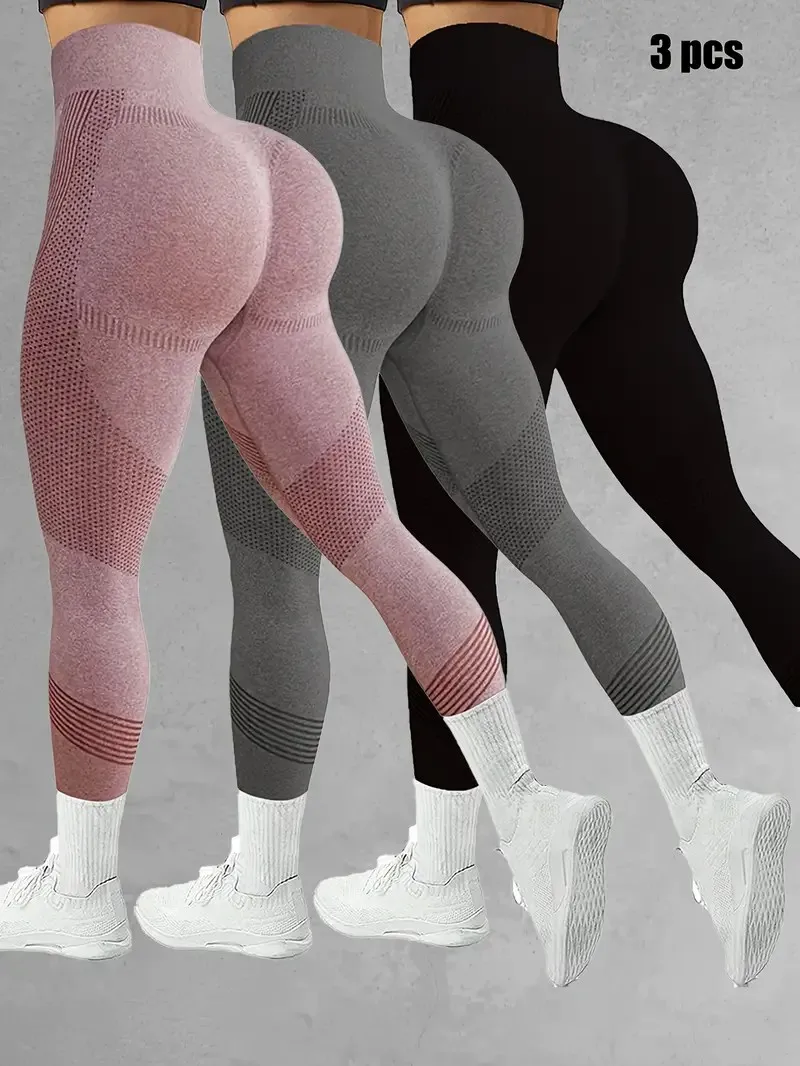 3-Pack Women\'s High-Waist Yoga Pants Stretch Striped Knit Fabric Skinny Fit Elastic Waistband Breathable Sports