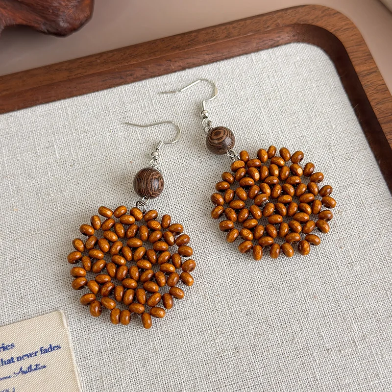 Wood Woven Earrings Geometric Handmade Natural Wood Lightweight Durable Premium Artistic for Women Vacation Beach Resort