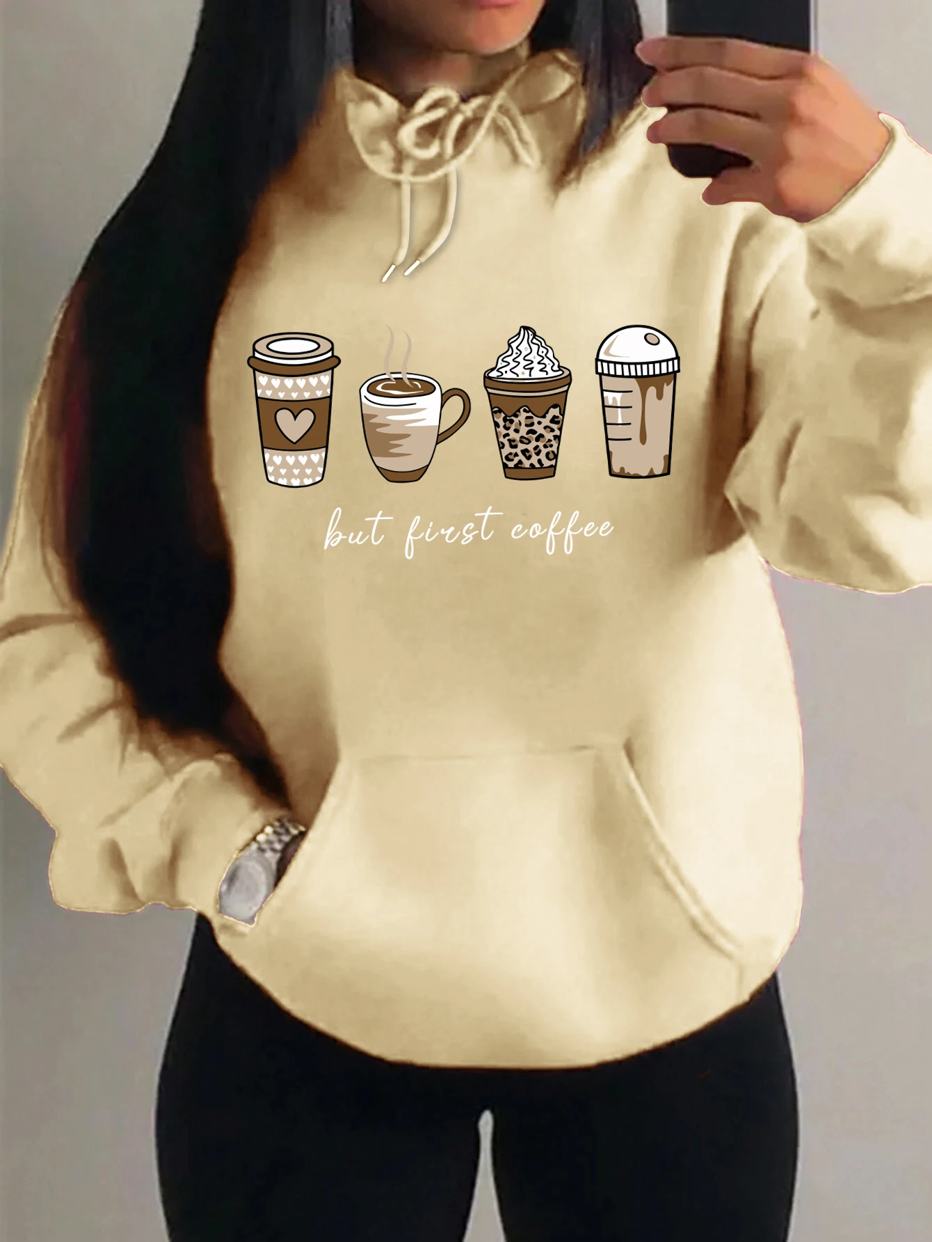 Aber zuerst Kaffee-Cartoons, Kaffeegetränke-Muster, Kapuzenpullover, modische, warme Kapuzenjacke, lässiger, trendiger Sweatshirt, Streetwear, Damenpullover. – Detail 12