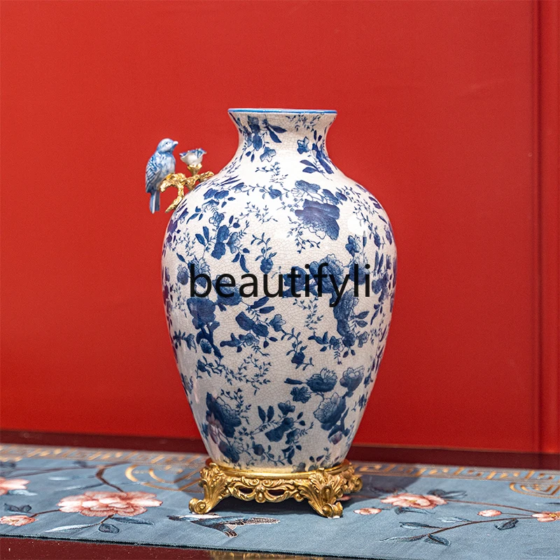 

Chinese blue and white porcelain bird vase ornament soft home jewelry ceramic with copper high-end flower arrangement vase