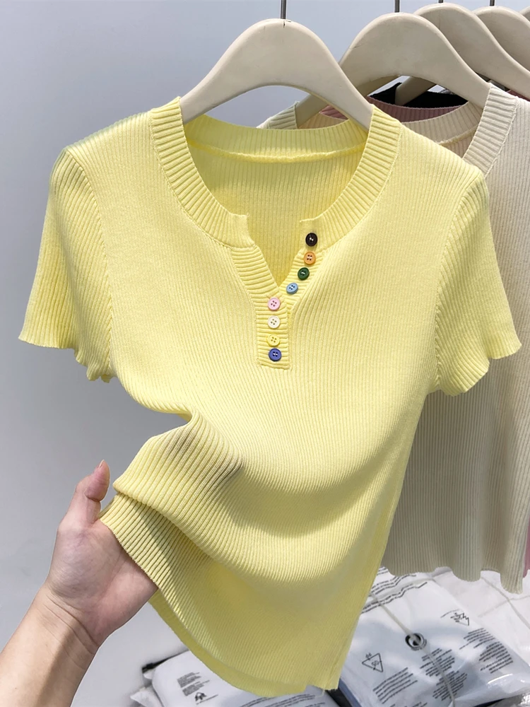 

Button V-Ne ort Sve Knitted Top Women's Slim Fit Faionable Summer New Sle Korean Version T-irt