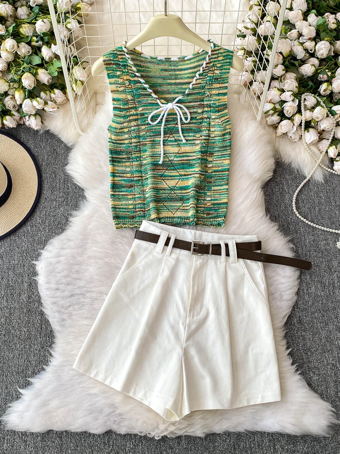 Sweet Spicy Girl Design Knot V-ne Svel Knitted Vest High Waist Wide Leg Jeans Set Women's Faion Two-piece Suit