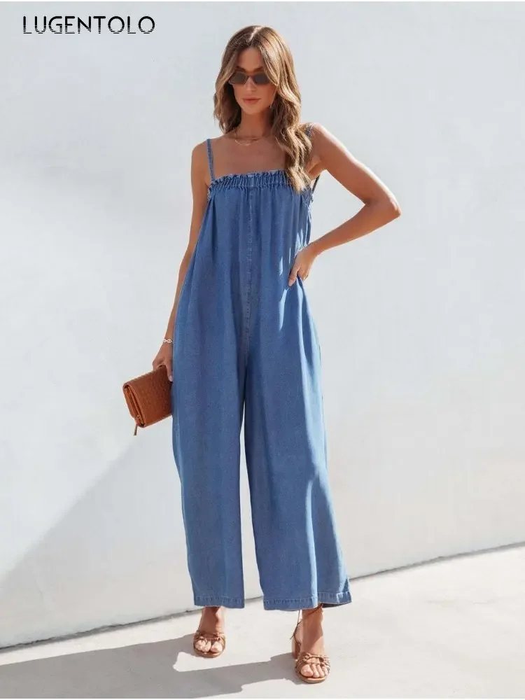 Women Sexy Denim Jumpsuit Suspenders High Waist Summer Stretch Sleeveless Lady Elegant Loose Cropped Casual Wide-leg Pants