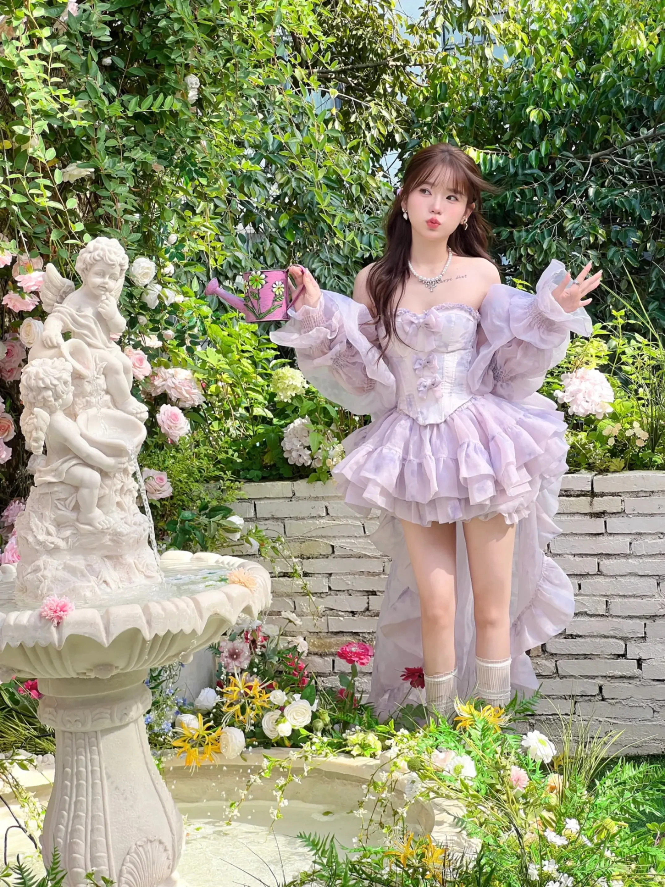 퍼플 보우노트 스트랩리스 탑 하이웨이스트 레이어드 롱 스커트 세트 생일 파티 성인식 데일리 데이트 스커트