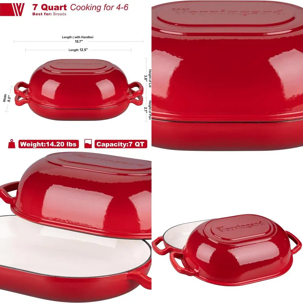 

Red 7-Quart Enamel Cast Iron Sourdough Bread Pan with Lid, Ideal for Homemade Bread and Meatloaf Baking