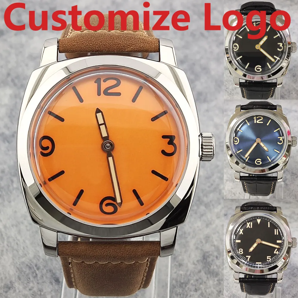 DIY Logo 46mm Men\'s Manual Mechanical ST3600 Movement Dual Needles Sapphire Glass Waterproof and Intense Luminous Leather Strap