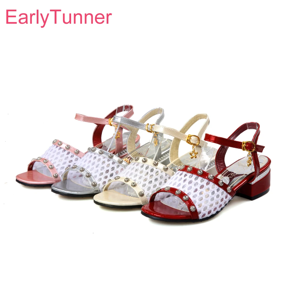 Brand New Leisure Women Casual Sandals Red Silver Beige Pink Fashion Mesh Ladies Shoes Med Heel EY7-2 Plus Big Size 12 31 43 48