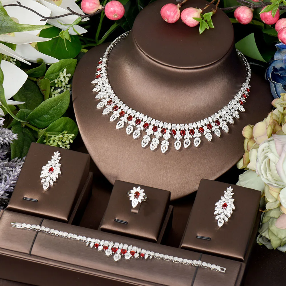 

HIBRIDE Elegant Brilliant Red Big Cubic Zircon Dubai Jewelry Sets For Women Bridal Wedding Accessories Jewelry Gifts N-1431