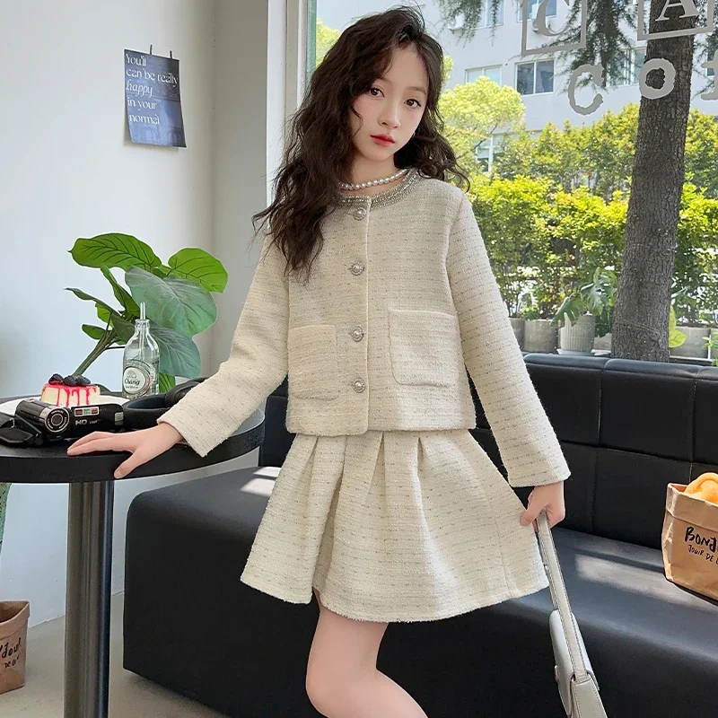 النمط الفرنسي شيك في سن المراهقة الفتيات الملابس مجموعة اليدوية حبة جولة الرقبة سترة مطوي تنورة 2 قطعة الاطفال الصغار دعوى ملابس أطفال 12 14 #5