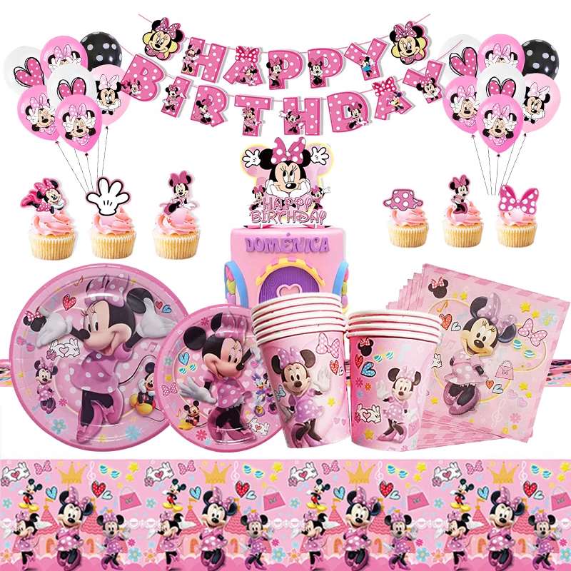 

Pink Minnie Themed Girls Birthday Party Cartoon Decoration Pull Flag Paper Plate Tissue Tablecloth Disposable Cutlery Set