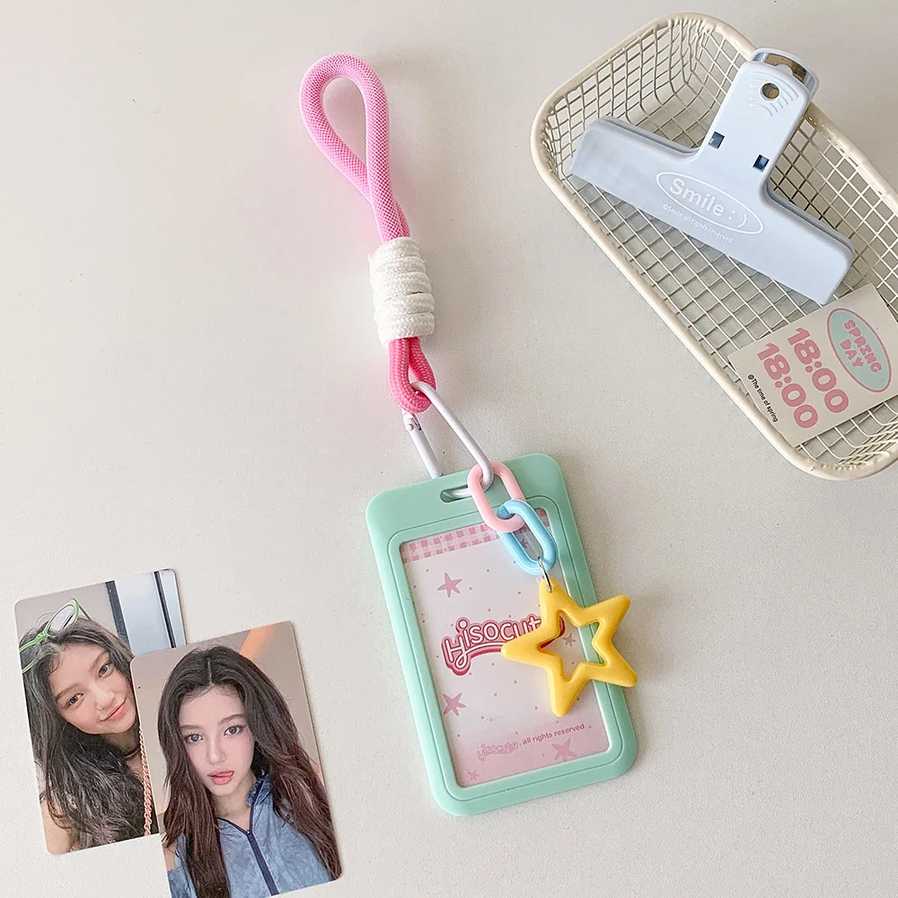 ID Card Protective Color Bus Card Cover Credit Card Plastics ID Card Holders Keyring Hanging Rope Key Chain Badge Holders