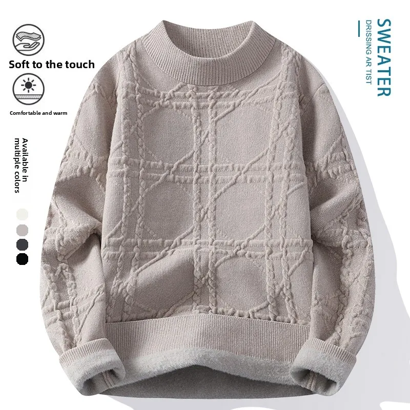 

Мужской повседневный вязаный свитер с высоким воротником, теплый шерстяной трикотаж, осенне-зимняя новинка с цветочным узором, на флисовой подкладке