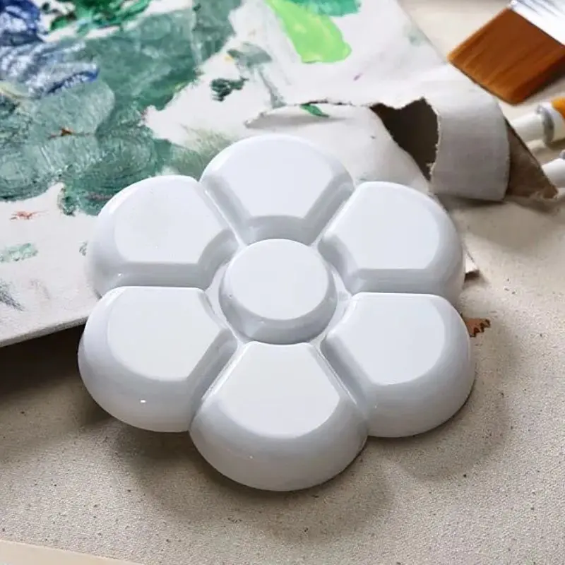 7-grid Plum Blossom Paint Palette Tray Imitation Ceramic for Acrylic Oil Watercolor Gouache Craft DIY Art Painting, White
