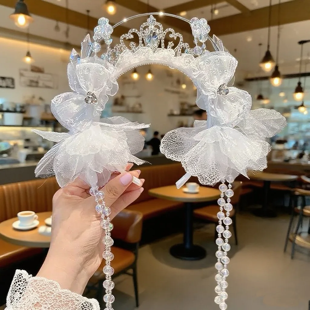 

Cute Kids Sweet Princess Headband for Girl Mesh Pearl Crown Hair Hoop for Children Birthday Party Hair Styling Headwear