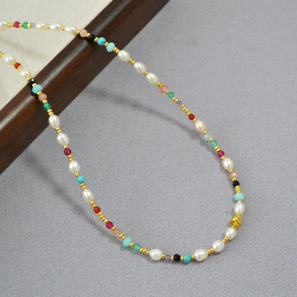 2026 New Arrival Spring Summer Style Colorful Multi-gem Head Fresh Water Rice Pearl Beads Fresh Sweet Necklace Clavicle Chain