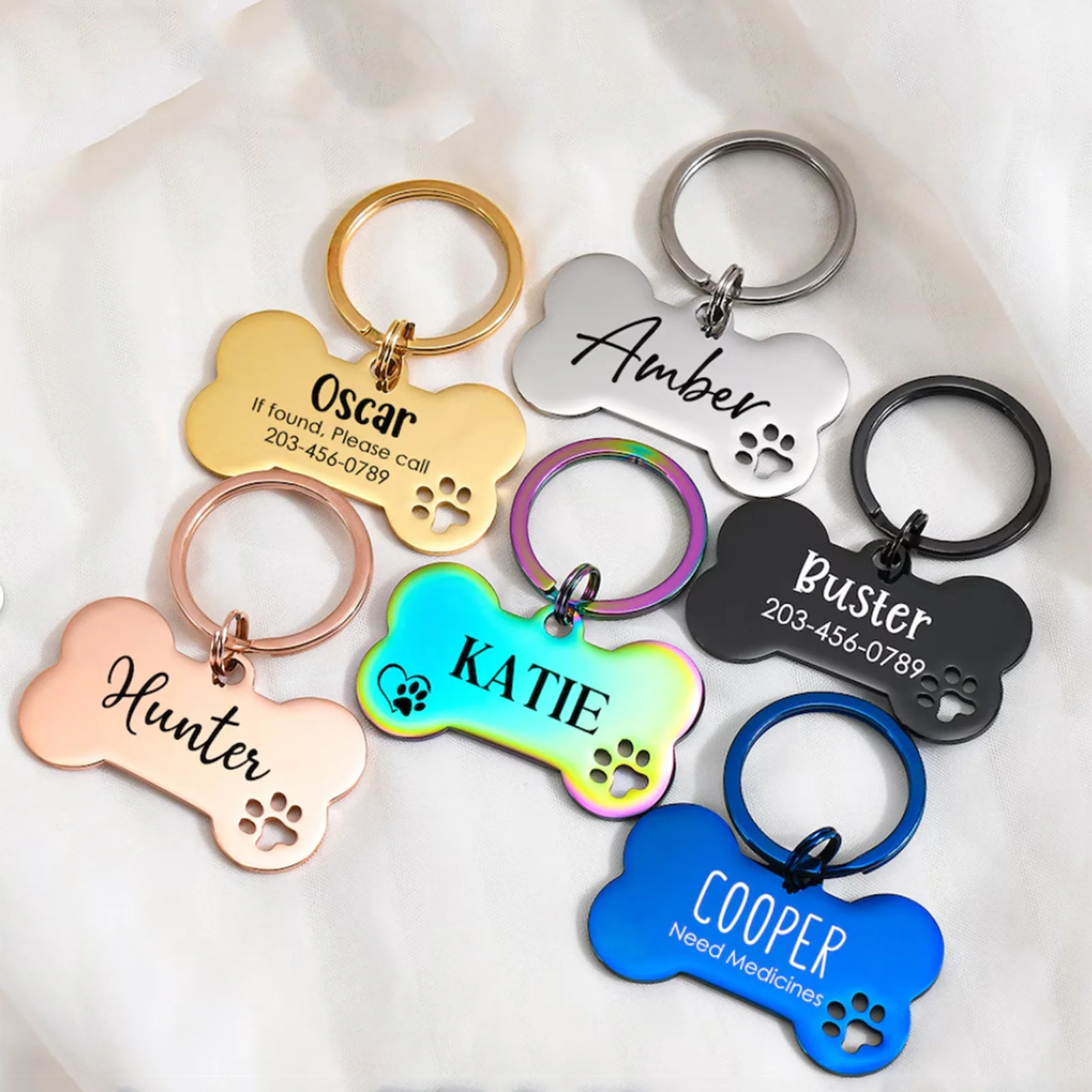 1PC Laser Engraved Hollow Paw Stainless Steel Bone Dog ID Tag Anti-lost Collars Nameplate for Dog Address Customized Pet Tag