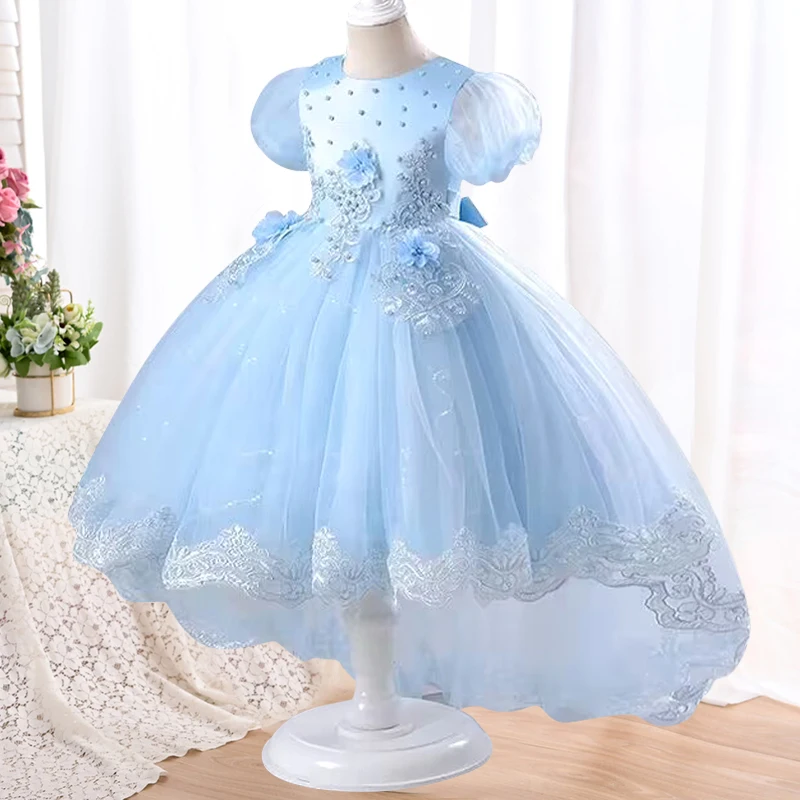 

New 3-10T Girls' Princess Dress Girls' Birthday Party Bubble Sleeves Grenadine Trail Dress Girls' Christmas Dress