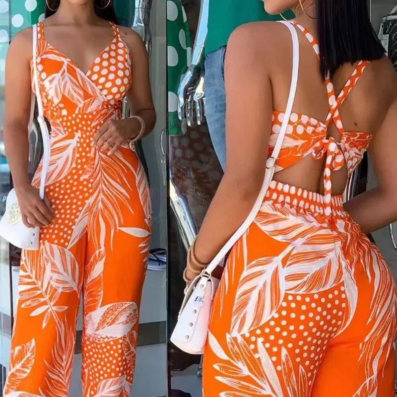 

2023 Woman Long Jumpsuits Elegant Sexy Tropical Print New Fashion Spaghetti Strap Jumpsuit Casual Female Clothing Outfits Summer