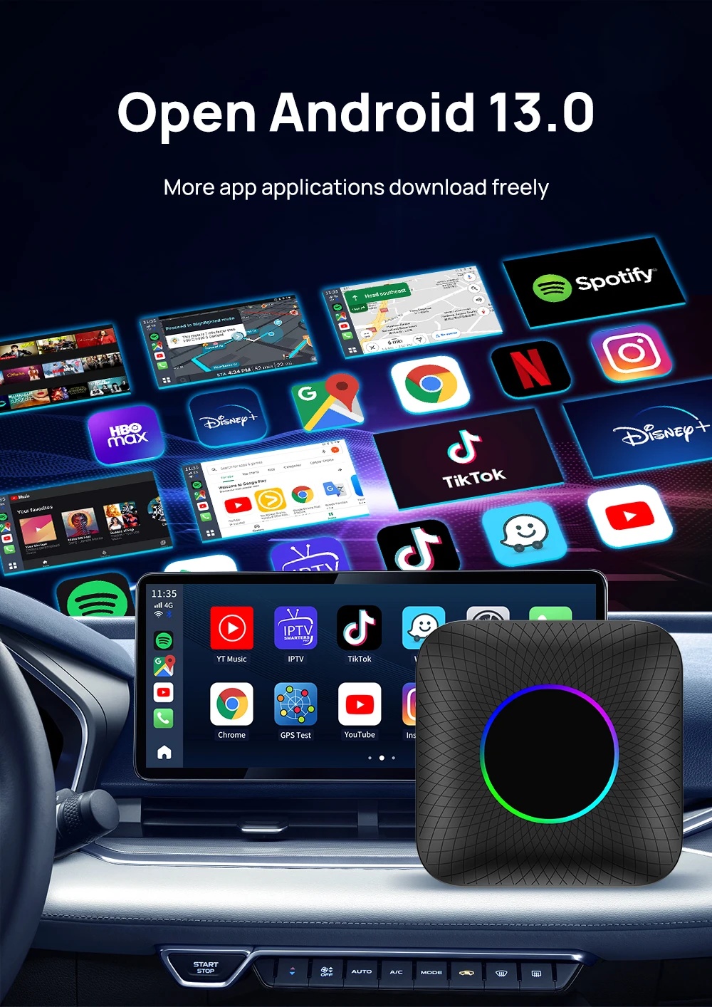 صندوق Carplay Android Auto AI اللاسلكي، التوصيل والتشغيل يناسب السيارات من 2016، Android 13 QCM6125 4 + 64 جيجابايت، يدعم أي تطبيقات - TBOX Led
