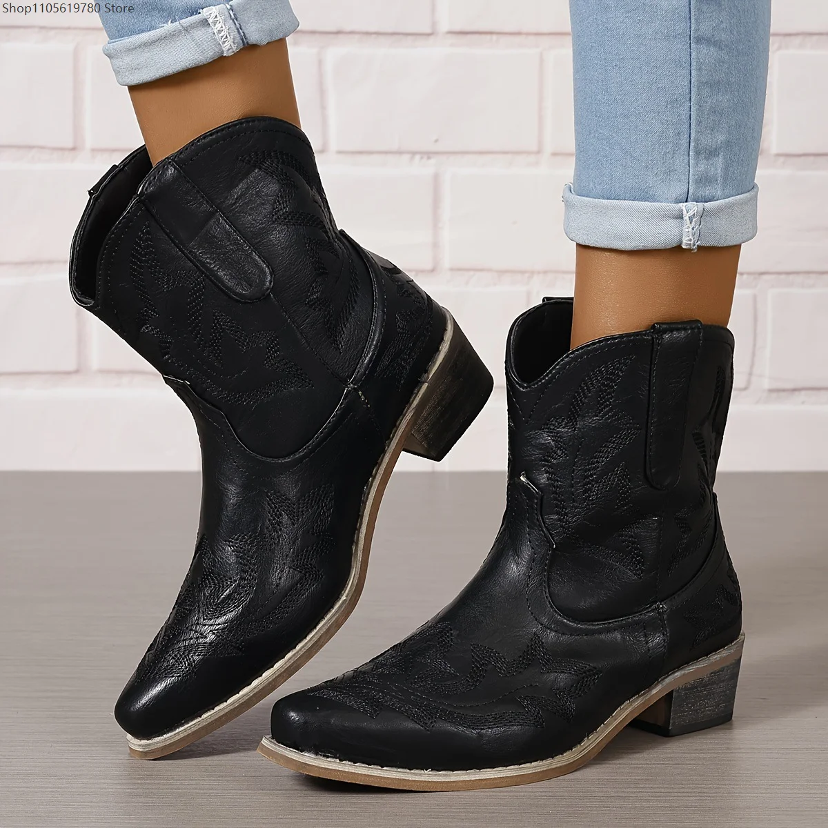 Pointed Toe Embroidered Boots Chunky Heel Short Leather Booties Cosplay Role-Play Plus Size Autumn Winter Shoes For Women Adult 5