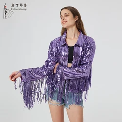 Distinctive Women's Sequin Suit Jacket Tassels Informal Occasion Purple Coat
