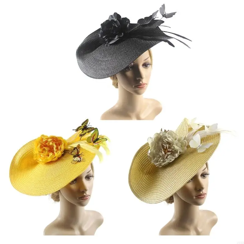 652F Tea-Party Fascinator Hat for Party Wedding Wide Brim Women Fascinator Pillbox Hat Church Headdress