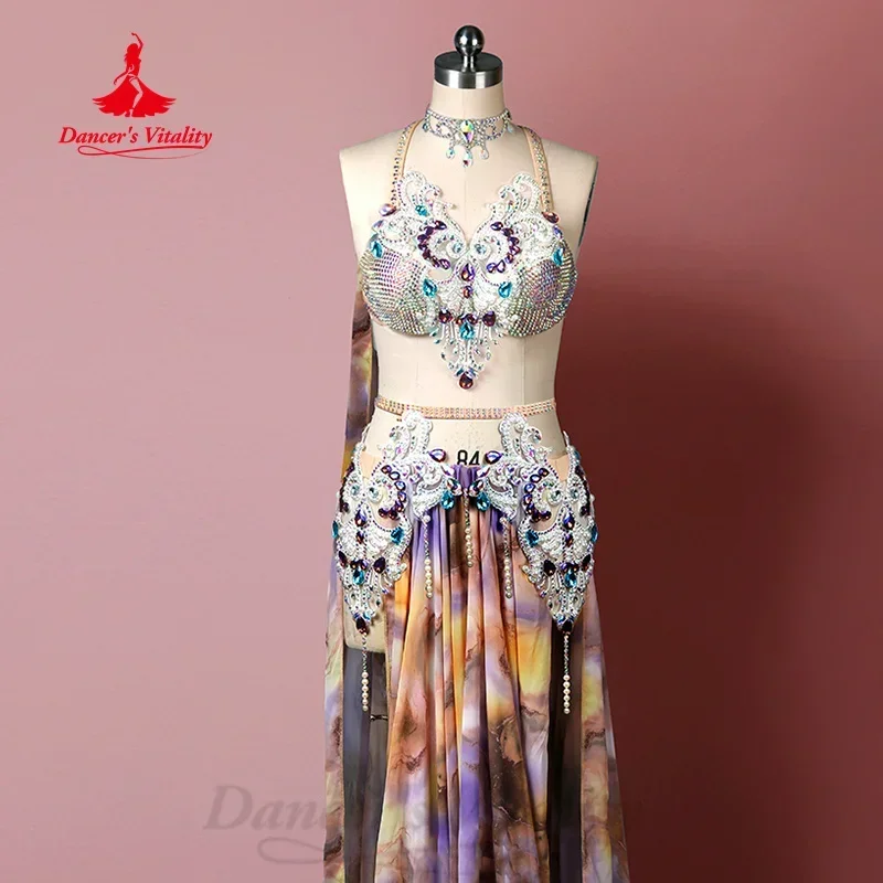 BellyDance Suit Customized Full Diamond Bra+Printed Chiffon Long Skirt 2pcs Adult and Children Oriental Dance Performance Wear