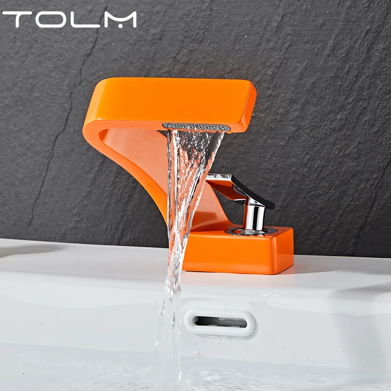 

TOLM Basin Faucet Modern Bathroom Mixer Tap Orange Wash basin Faucet Single Handle Hot and Cold Waterfall Faucet Kitchen tap