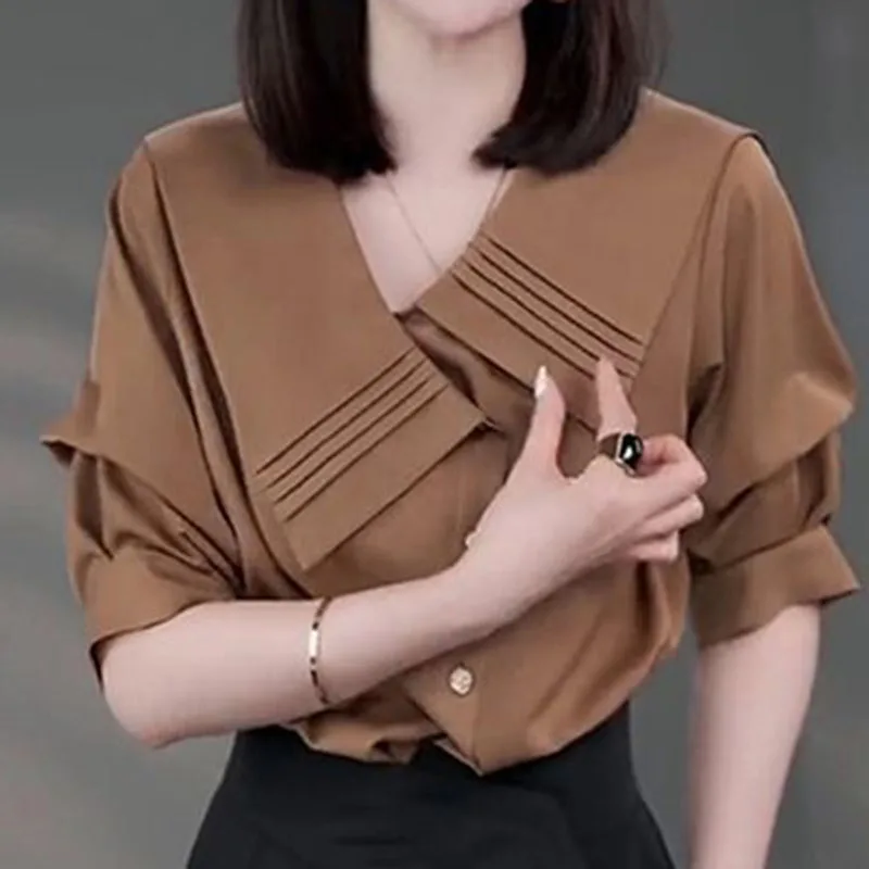 Shirt femininity retro solid color short-sleeved shirt female summer French luxury fashion asymmetric loose slim design top