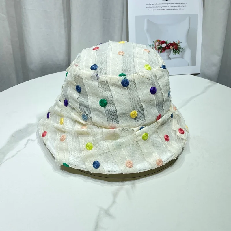 New Korean Colored Polka Dot Mesh Pleated Bucket Hat Women's Summer Vacation Breathable Sunshade Sweet and Versatile Sun Caps