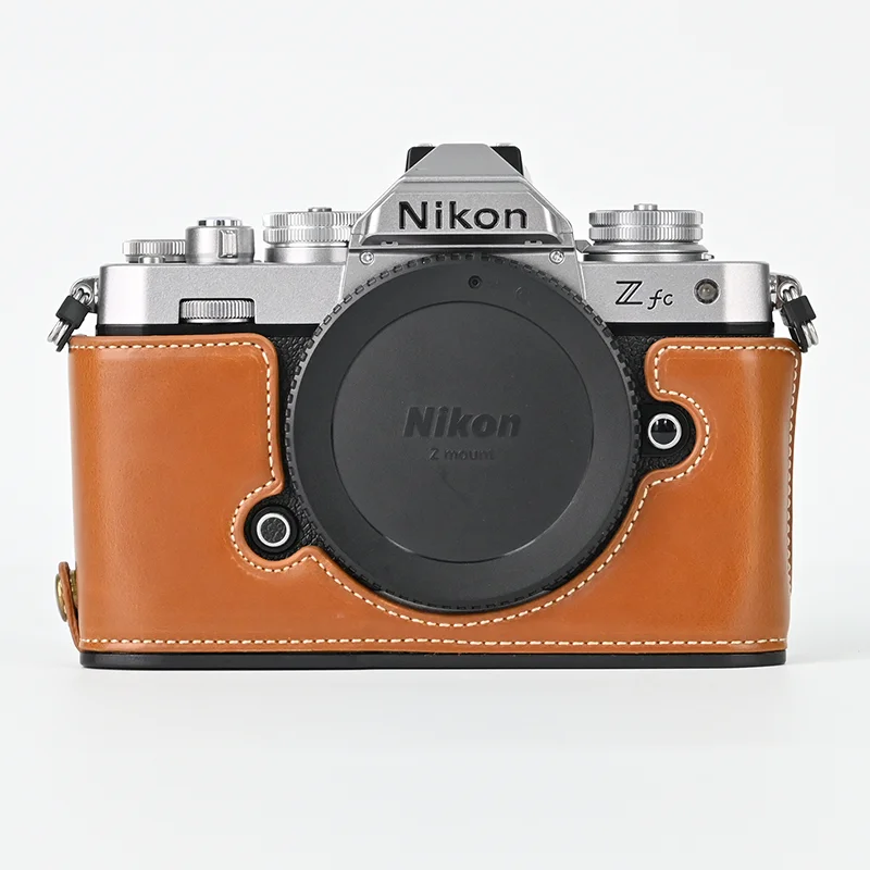 Oil Skin PU Leather Case Camera Bag Half Body Base Protector for Nikon ZFC Zfc Protective Opening Bottom Cover with Wrist Strap