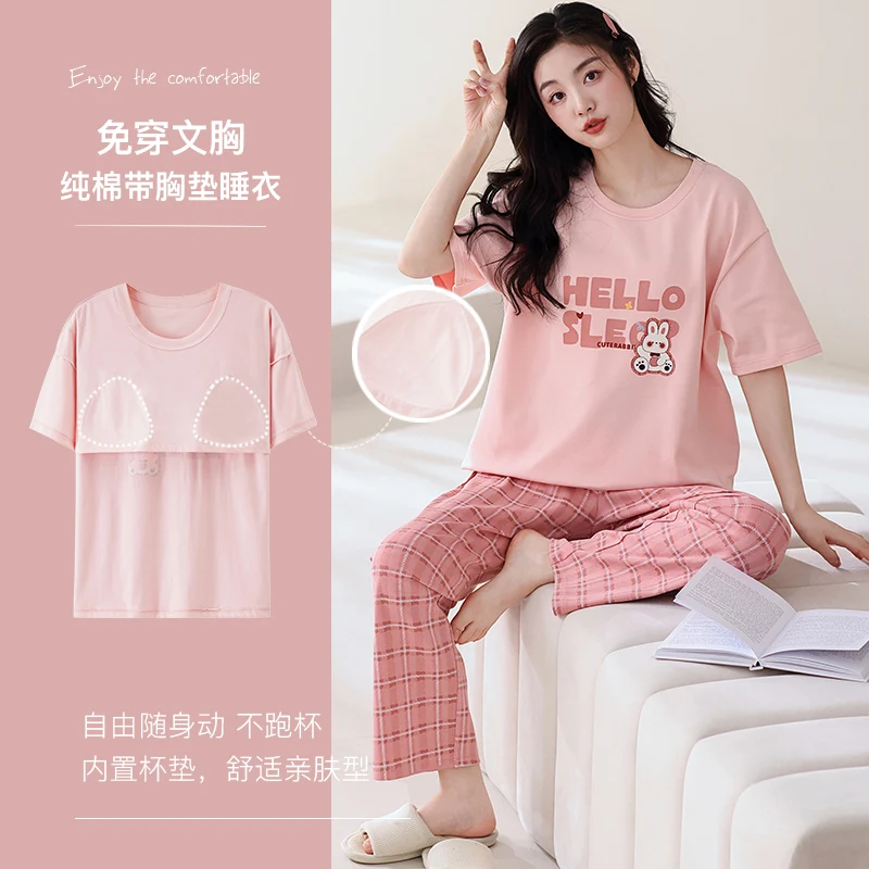 Newest Summer Short Sleeve Sleepwear With Chest Pad 100% Cotton Women Pajamas Set Female Short Top+Long Pants Pijamas Mujer